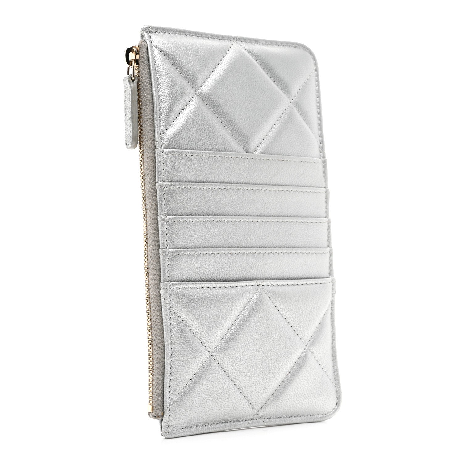 Lambskin Quilted CHNL 19 Phone and Card Holder Silver