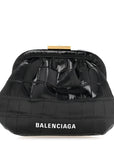 Shiny Supple Calfskin Logo Crocodile Embossed Cloud Coin Purse Black White