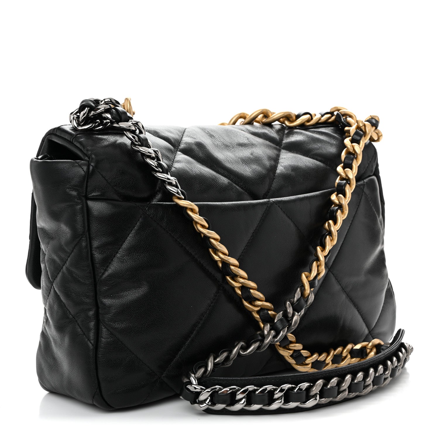 Shiny Goatskin Quilted Large CHNL 19 Flap Black