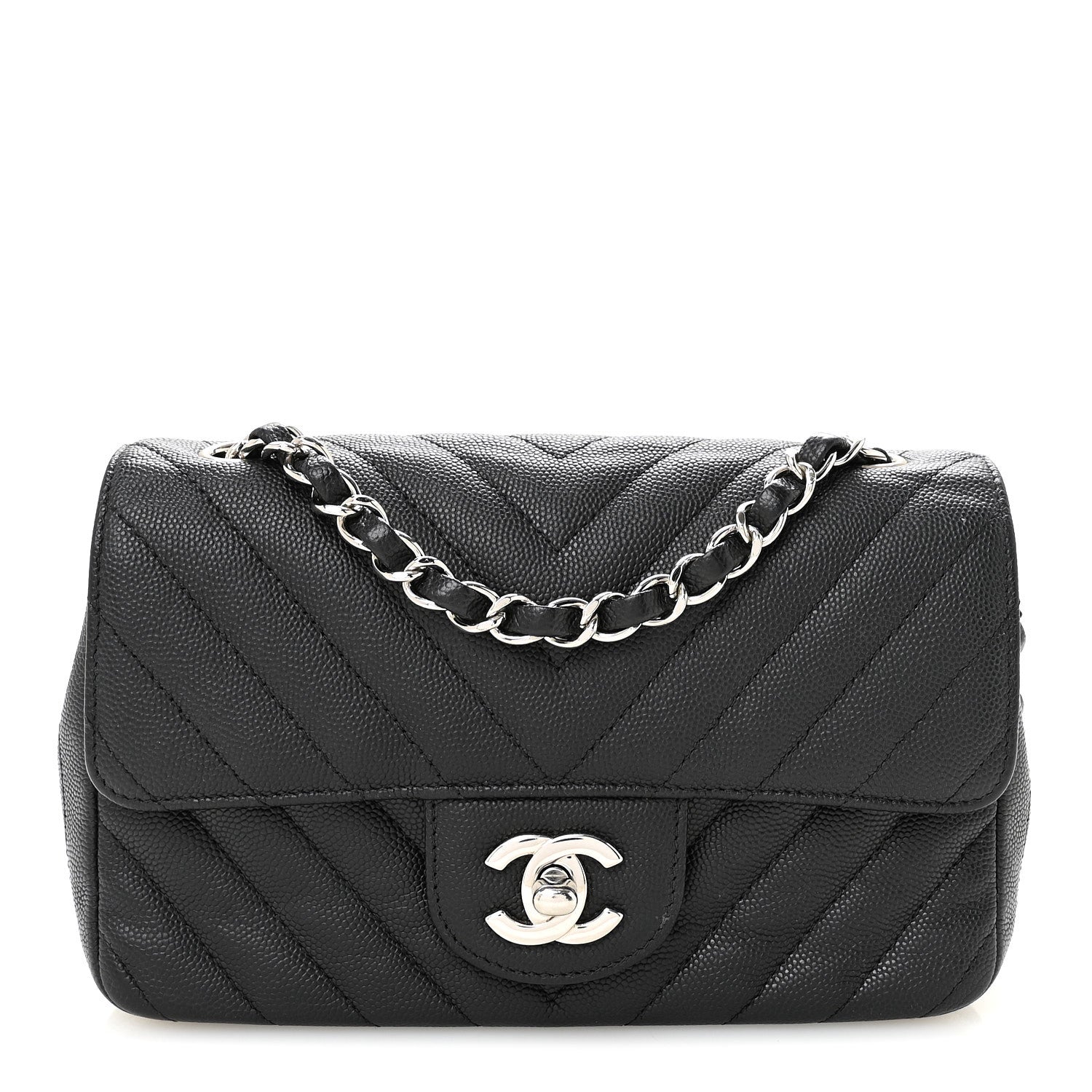Caviar Chevron Quilted Mini Rectangular Flap Black