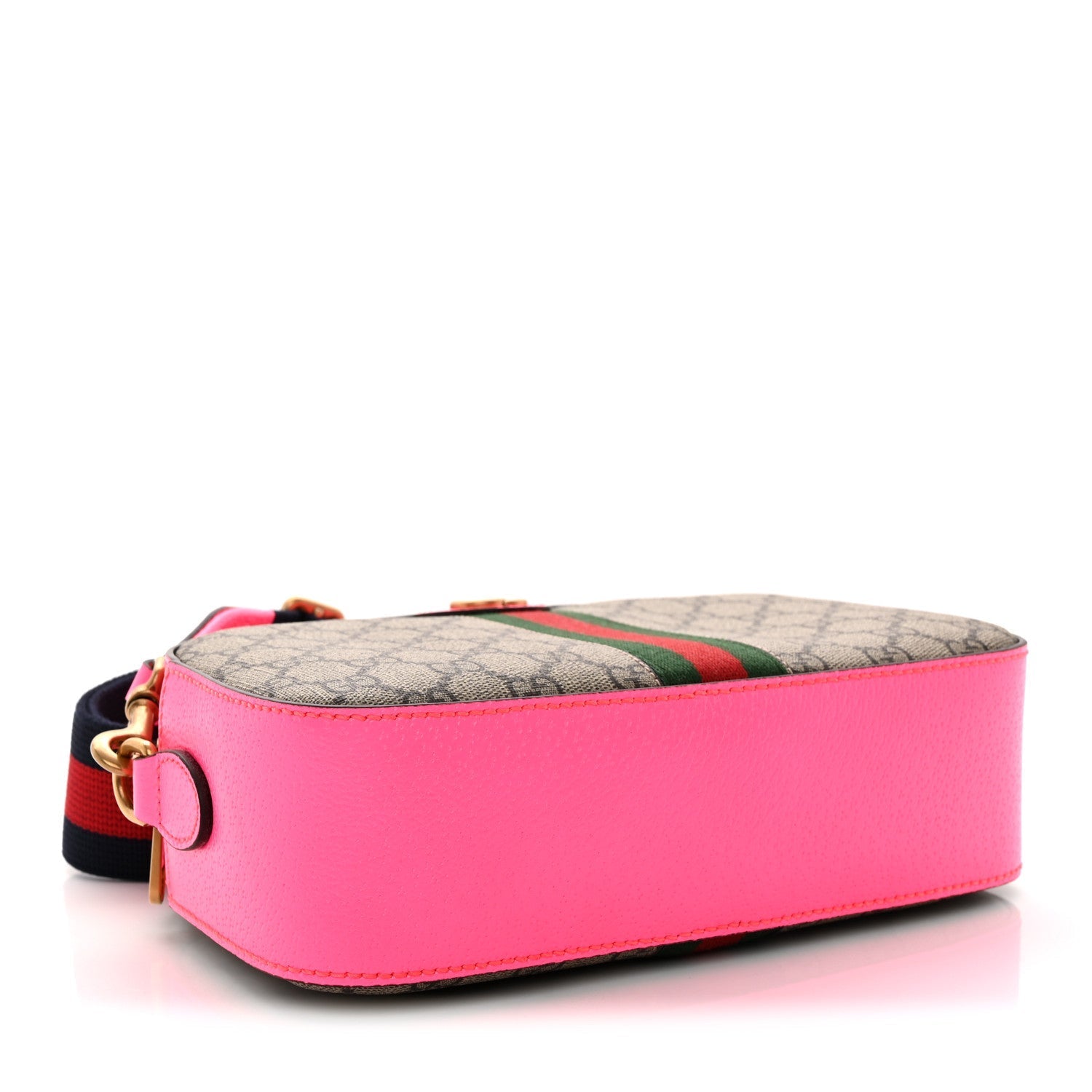 GG Supreme Monogram Textured Dollar Calfskin Web Ophidia Small Crossbody Bag Beige Ebony Fuchsia
