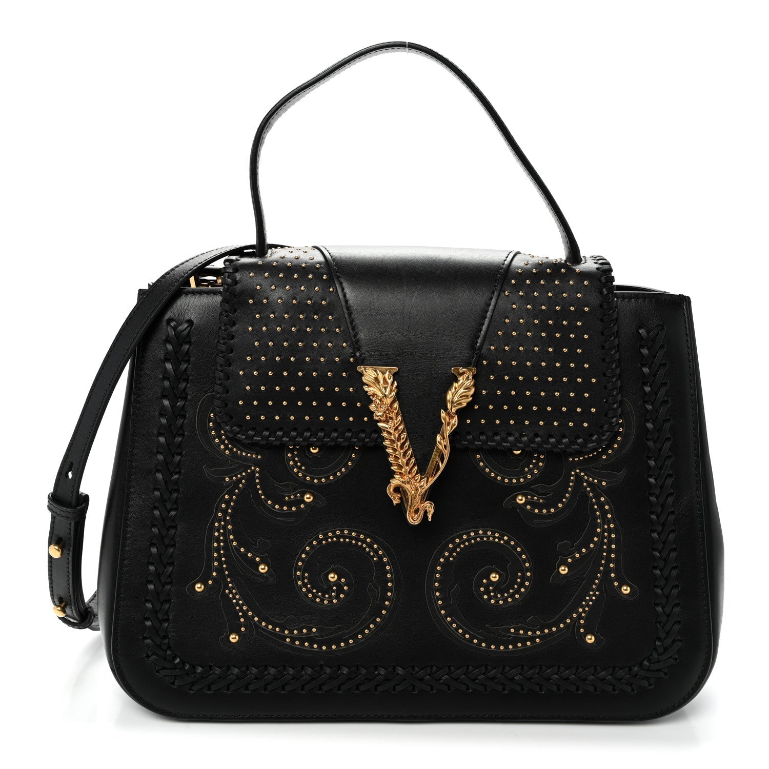 Vitello Western Studded Virtus Top Handle Shoulder Bag Black