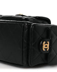 Shiny Lambskin Quilted Trendy Pockets Hobo Black