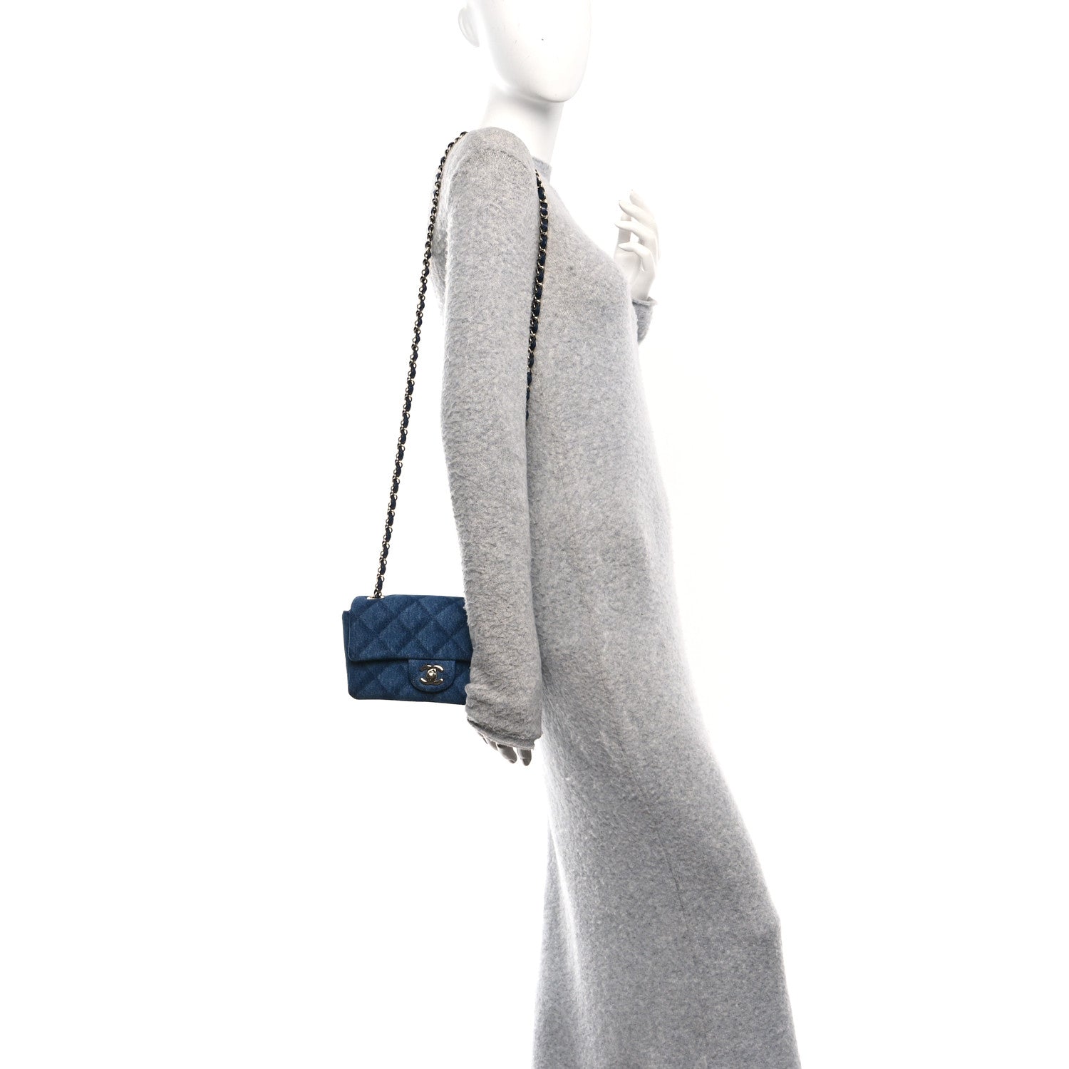 Printed Denim Quilted Mini Rectangular Flap Dark Blue