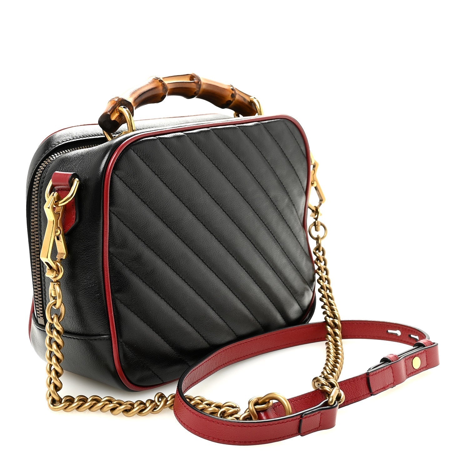 Vintage Effect Calfskin Matelasse Diagonal Small Torchon GG Marmont Bamboo Top Handle Shoulder Bag Black Romantic Cherry