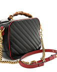 Vintage Effect Calfskin Matelasse Diagonal Small Torchon GG Marmont Bamboo Top Handle Shoulder Bag Black Romantic Cherry