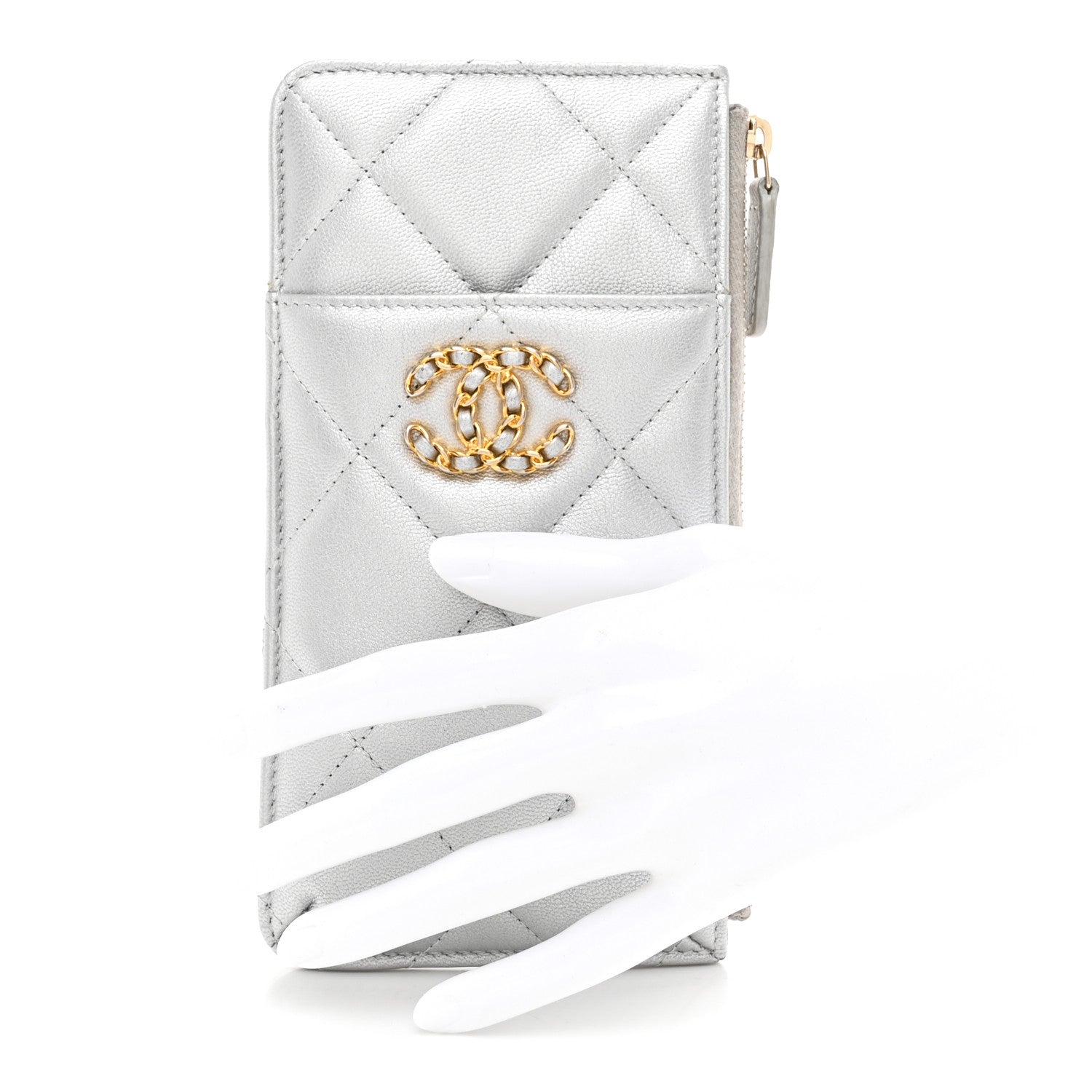 Lambskin Quilted CHNL 19 Phone and Card Holder Silver