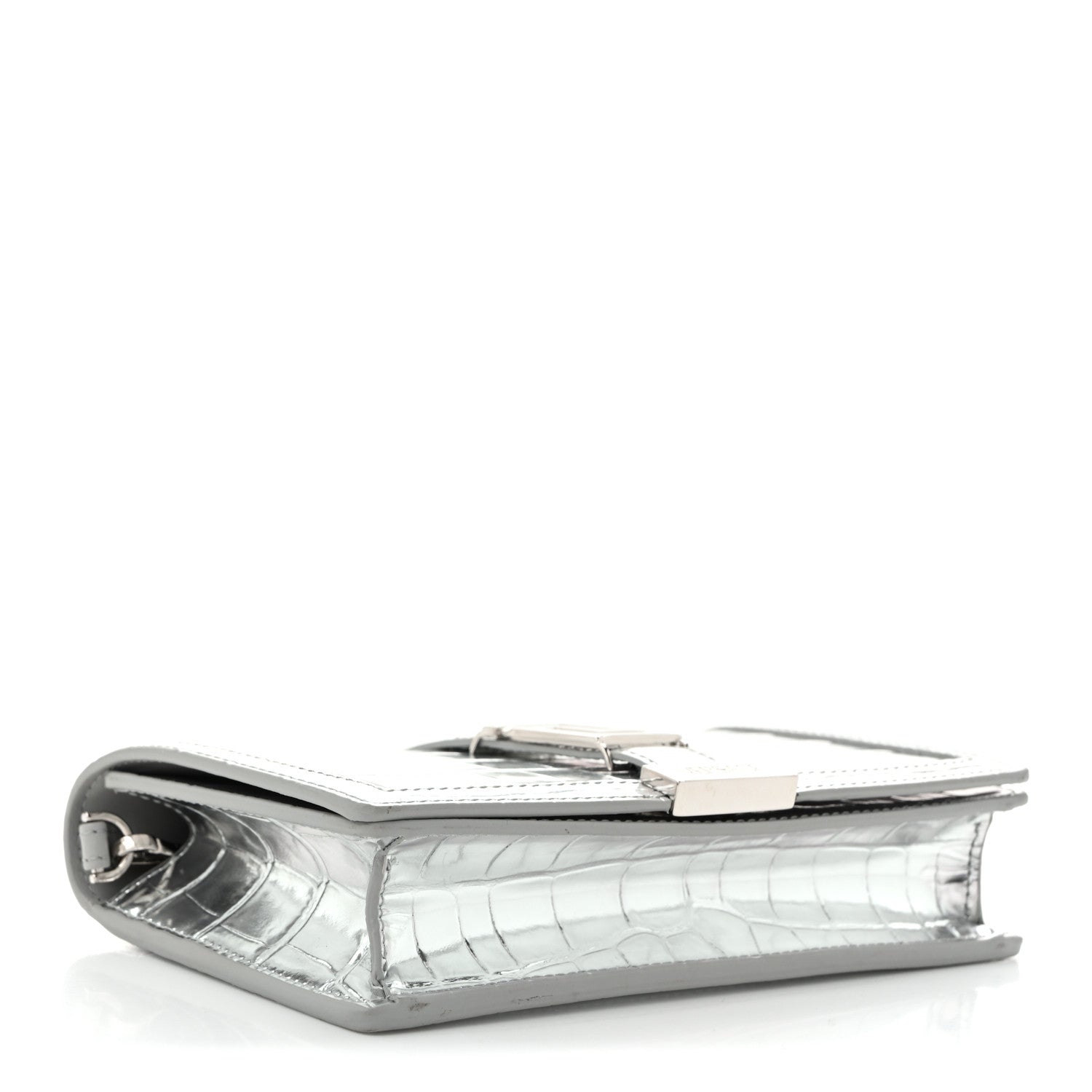 Metallic Crocodile Embossed Calfskin Greca Goddess Wallet On Chain Silver