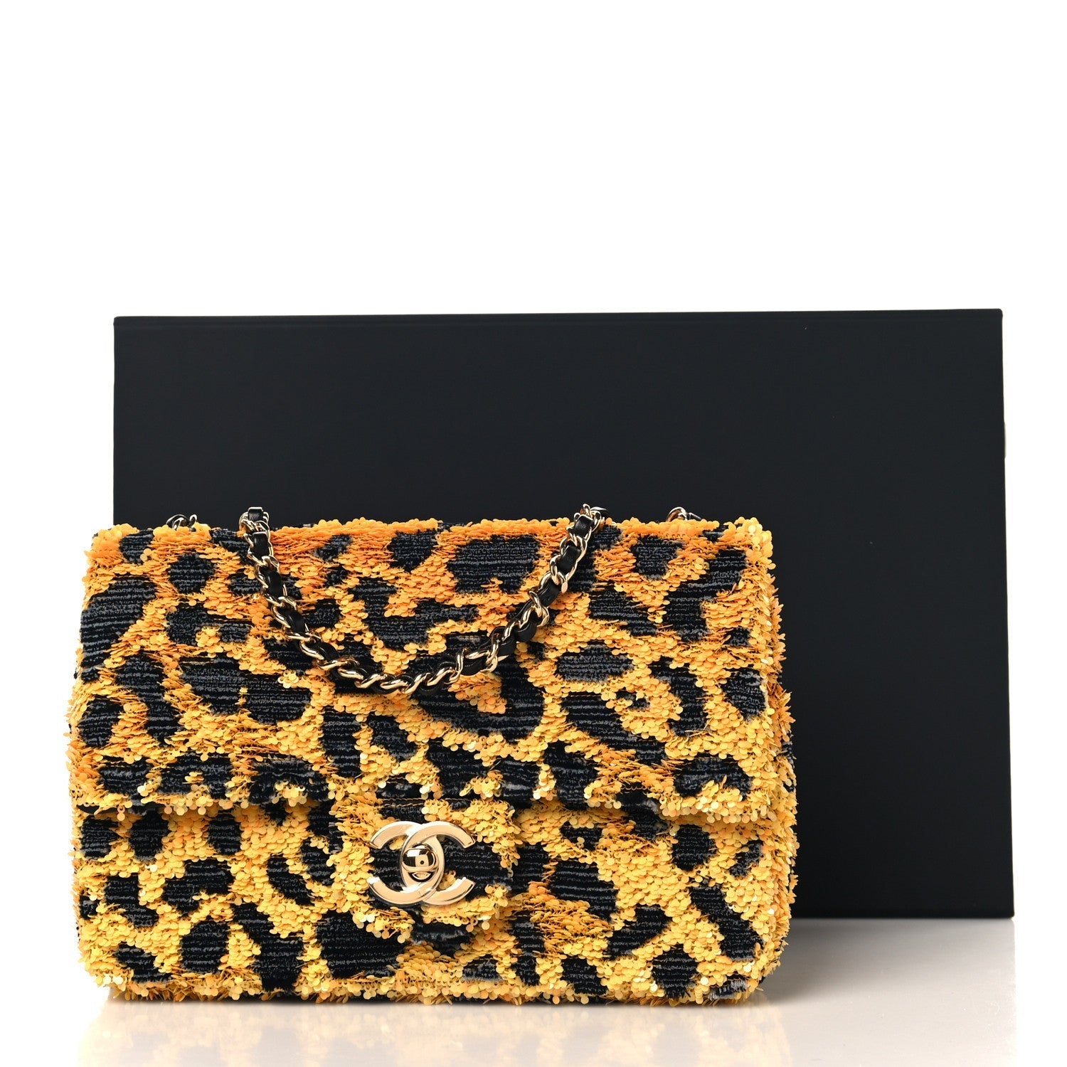 Sequin Mixed Fibers Leopard Print Mini Rectangular Flap Black Orange