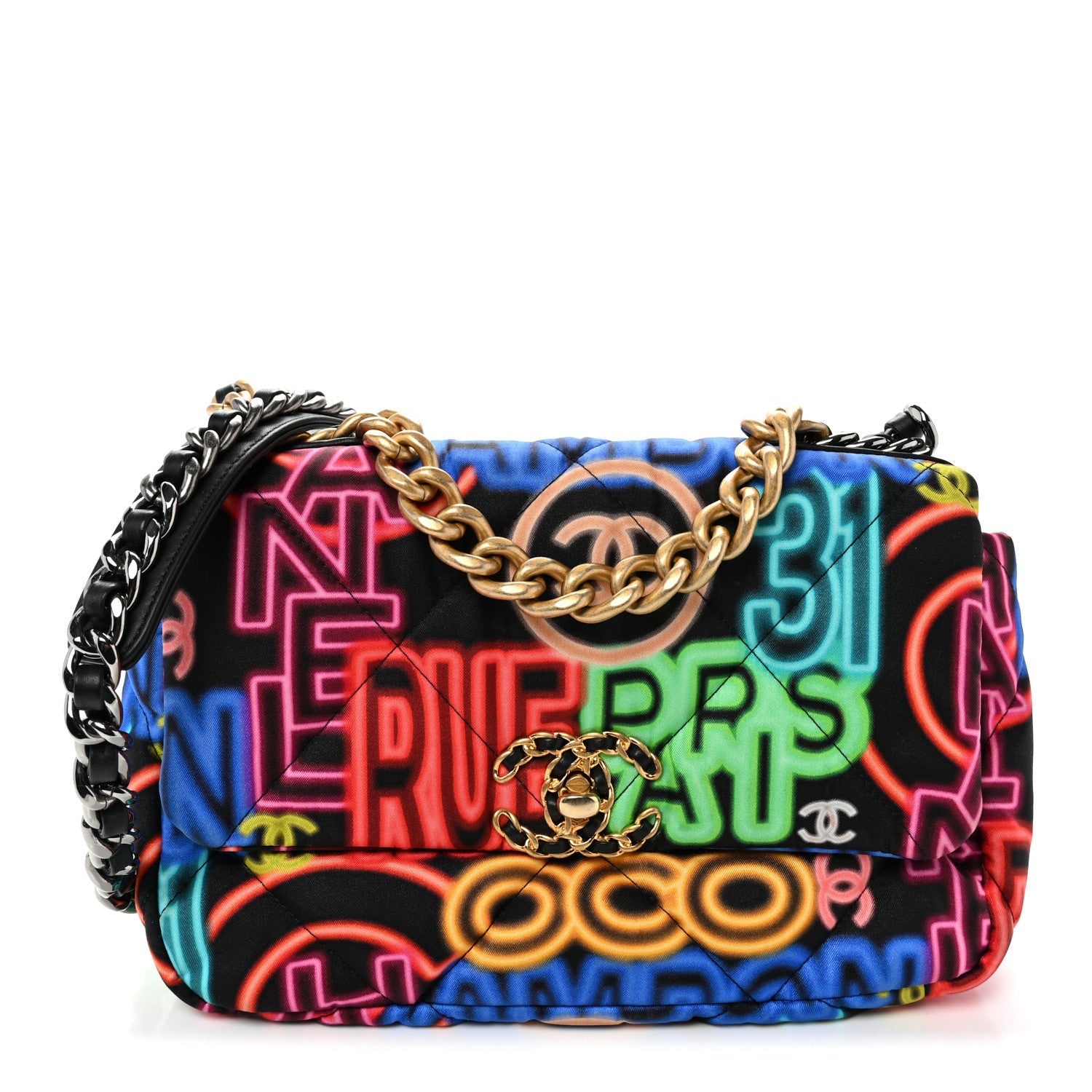 Fabric Quilted Neon Graffiti Medium CHNL 19 Flap Black Multicolor
