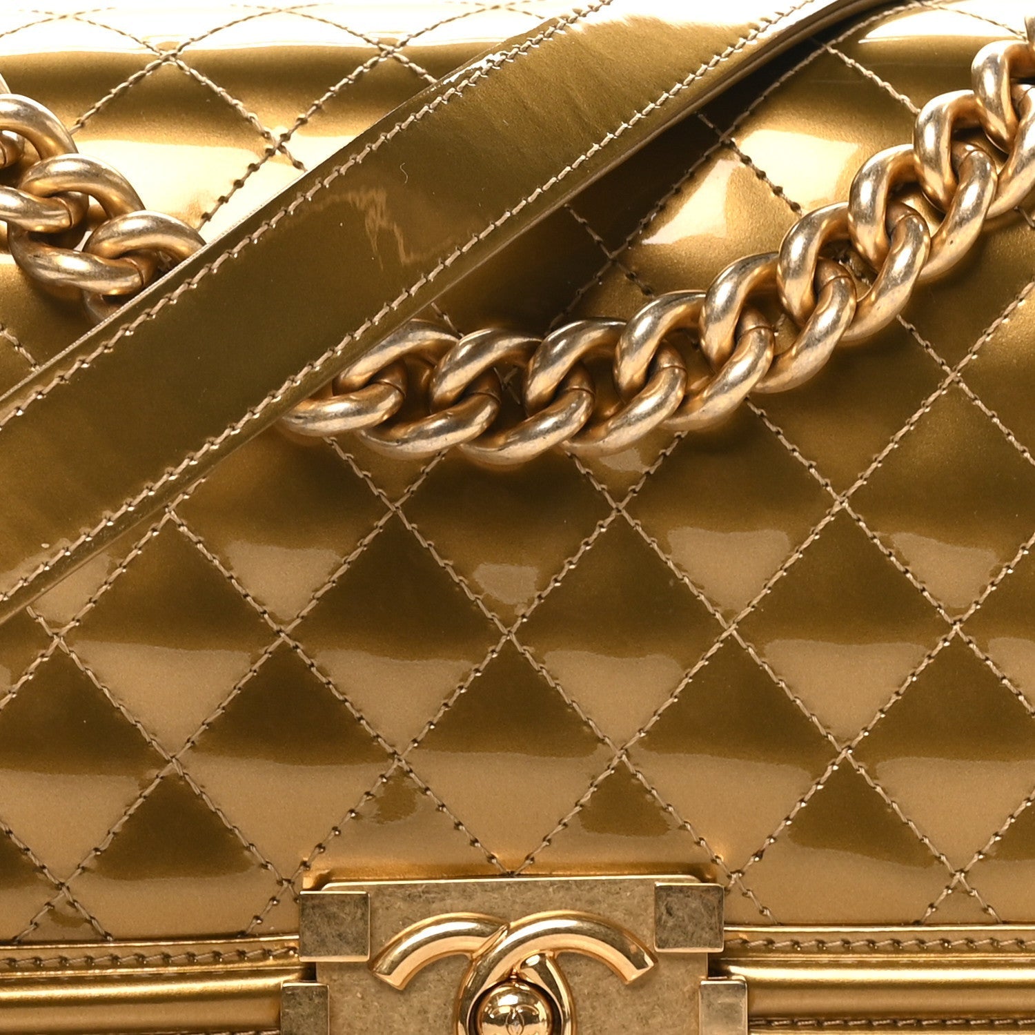 Metallic Patent Calfskin Quilted Medium Boy Flap Gold