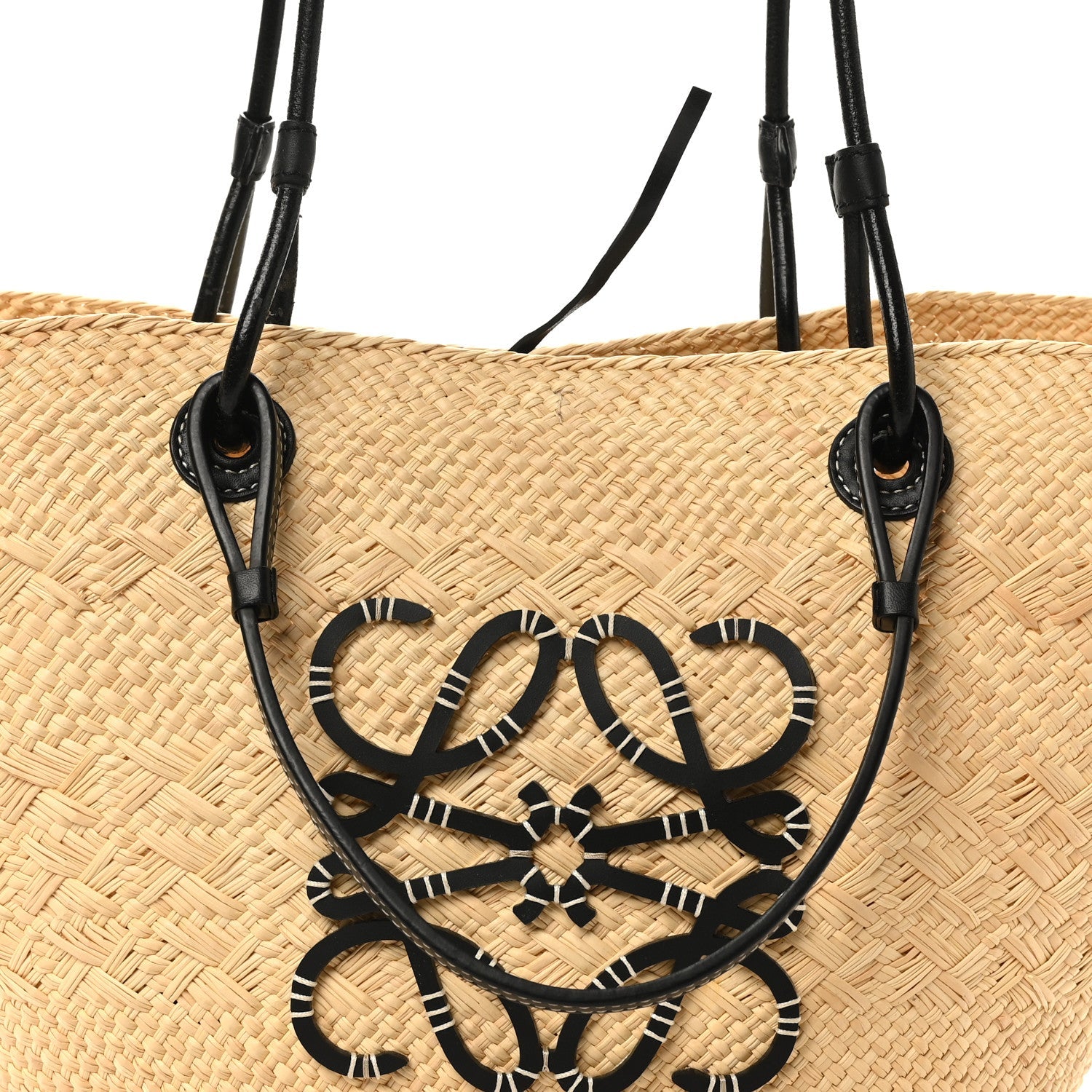 Calfskin Raffia Paulas Ibiza Medium Anagram Basket Tote Bag Natural Black