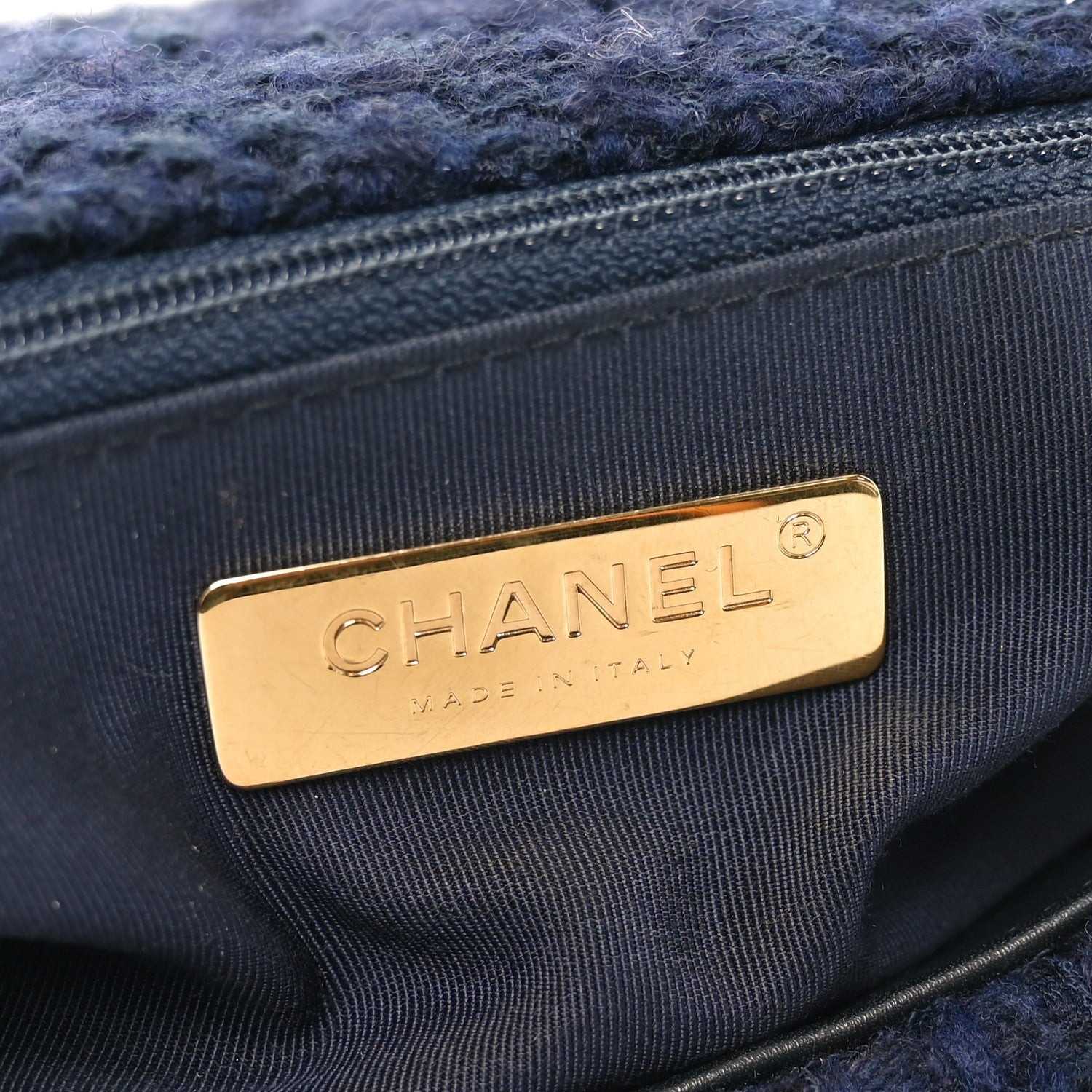 Tweed Quilted Large CHNL 19 Flap Navy Blue