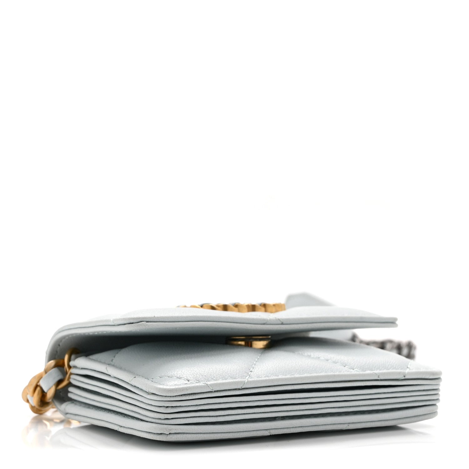 Lambskin Quilted CHNL 19 Flap Card Holder With Chain Light Blue