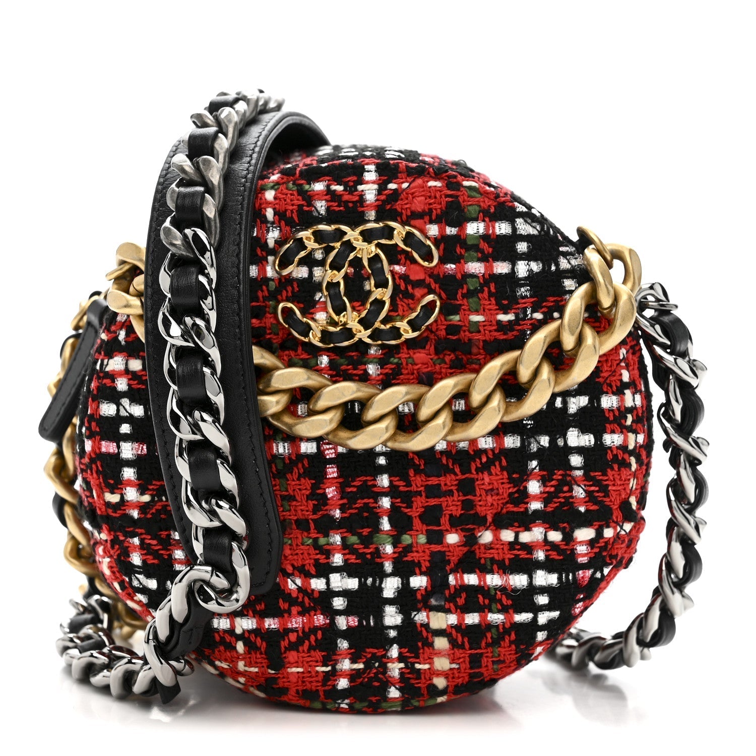 Tweed Quilted CHNL 19 Round Clutch With Chain  Red Black White Green
