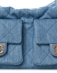 Washed Denim Quilted Large Trendy Pockets Hobo Blue