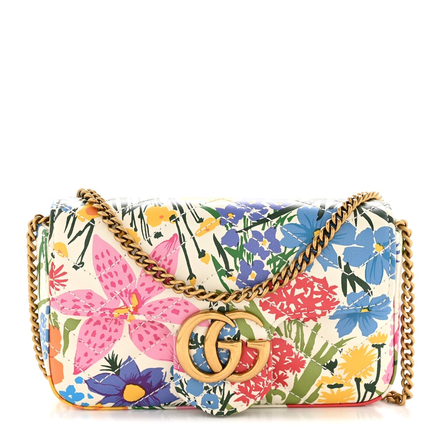 X KEN SCOTT Calfskin Matelasse Floral Print Super Mini GG Marmont Shoulder Bag Ivory Pink