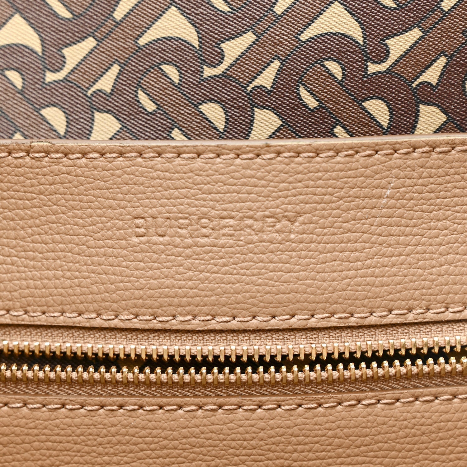 Calfskin TB Motif Embossed Medium Tote Camel