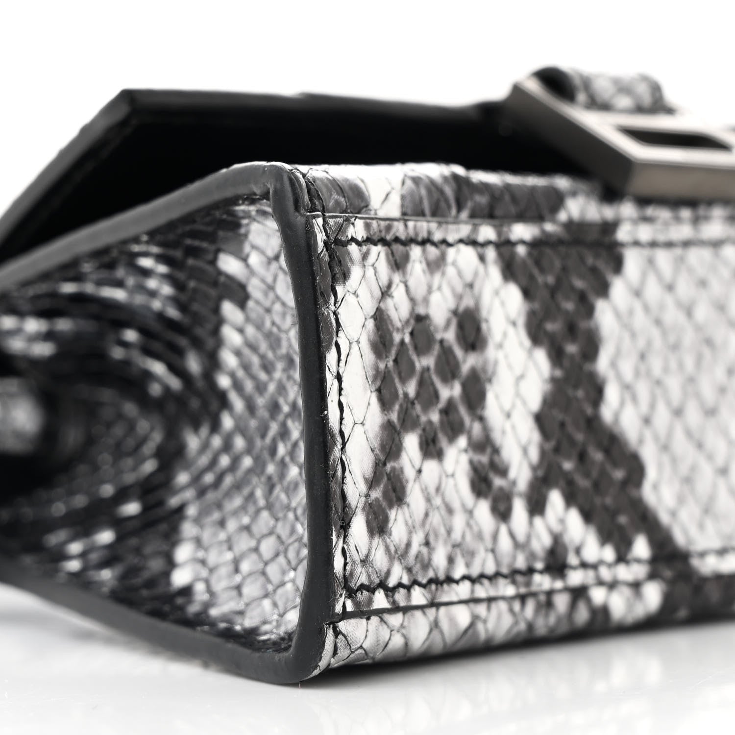Shiny Calfskin Snakeskin Effect Hourglass Top Handle Bag Mini Silver Black