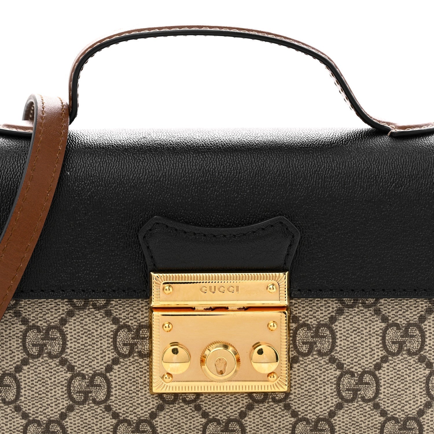 GG Supreme Monogram Calfskin Mini Padlock Top Handle Shoulder Bag Beige Black Cuir