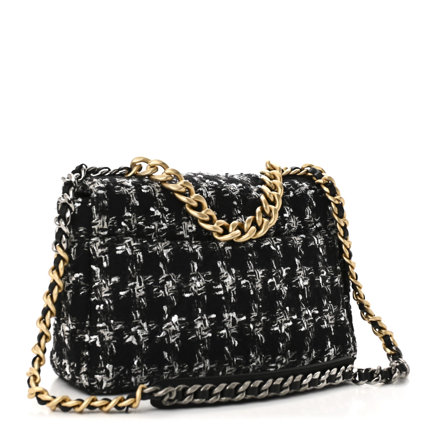 Tweed Quilted Large CHNL 19 Flap Black Silver Ecru