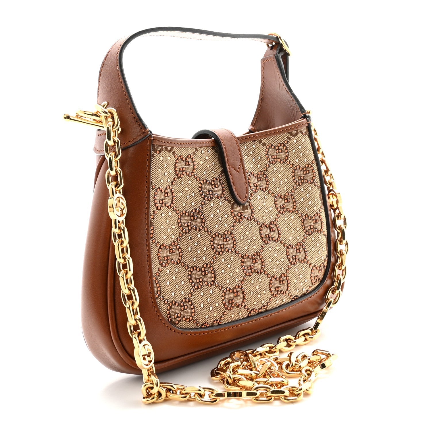 New Canvas Charisma Calfskin Crystal GG Monogram Mini Jackie 1961 Hobo Camel Ebony