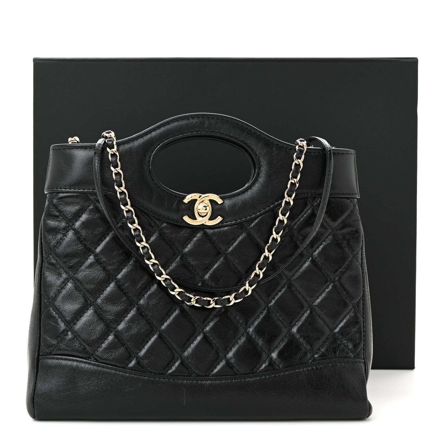 Shiny Crumpled Calfskin Quilted Mini 31 Shopping Bag Black