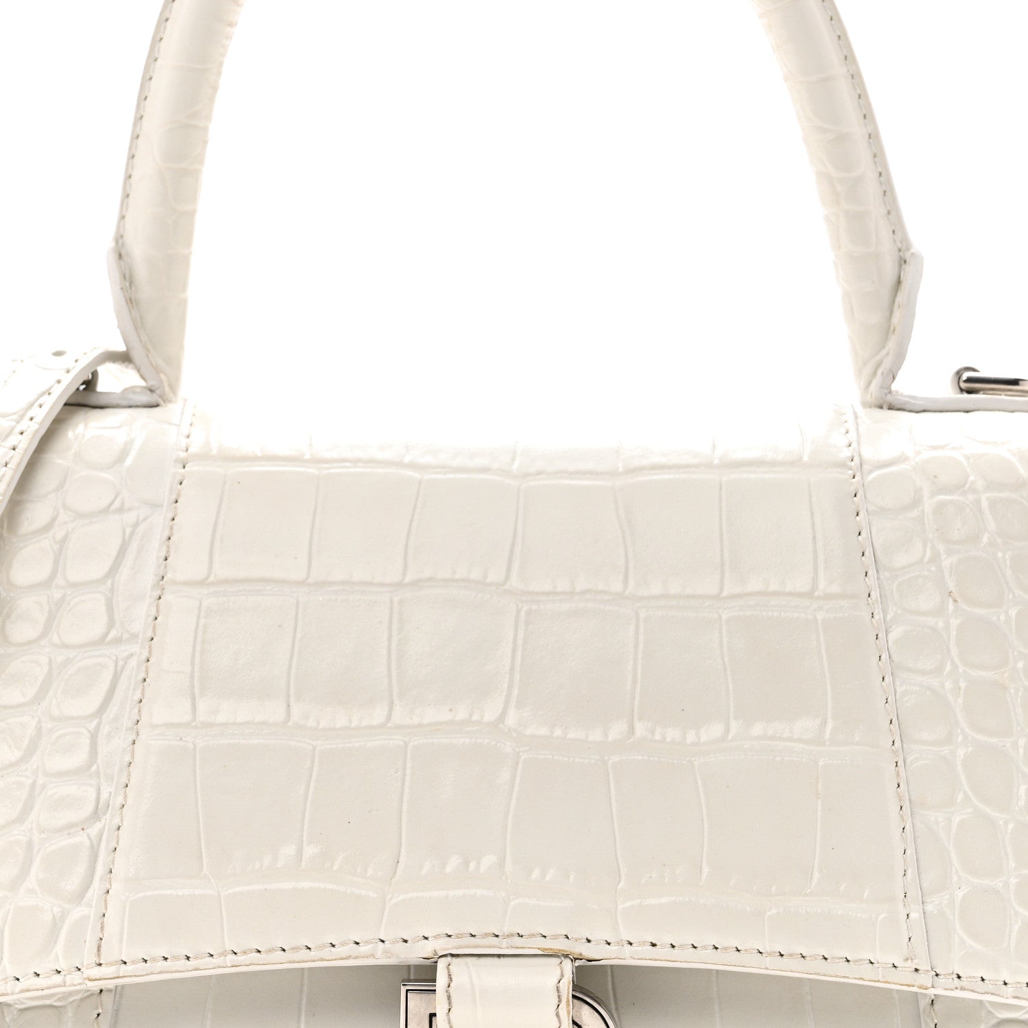 Calfskin Crocodile Embossed Small Hourglass Top Handle Bag White