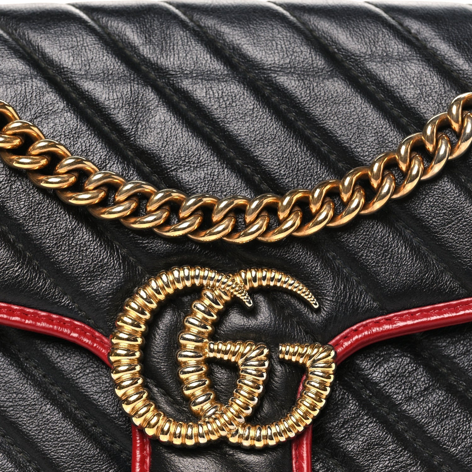 Vintage Effect Calfskin Matelasse Diagonal Small Torchon GG Marmont Shoulder Bag Black Romantic Cherry