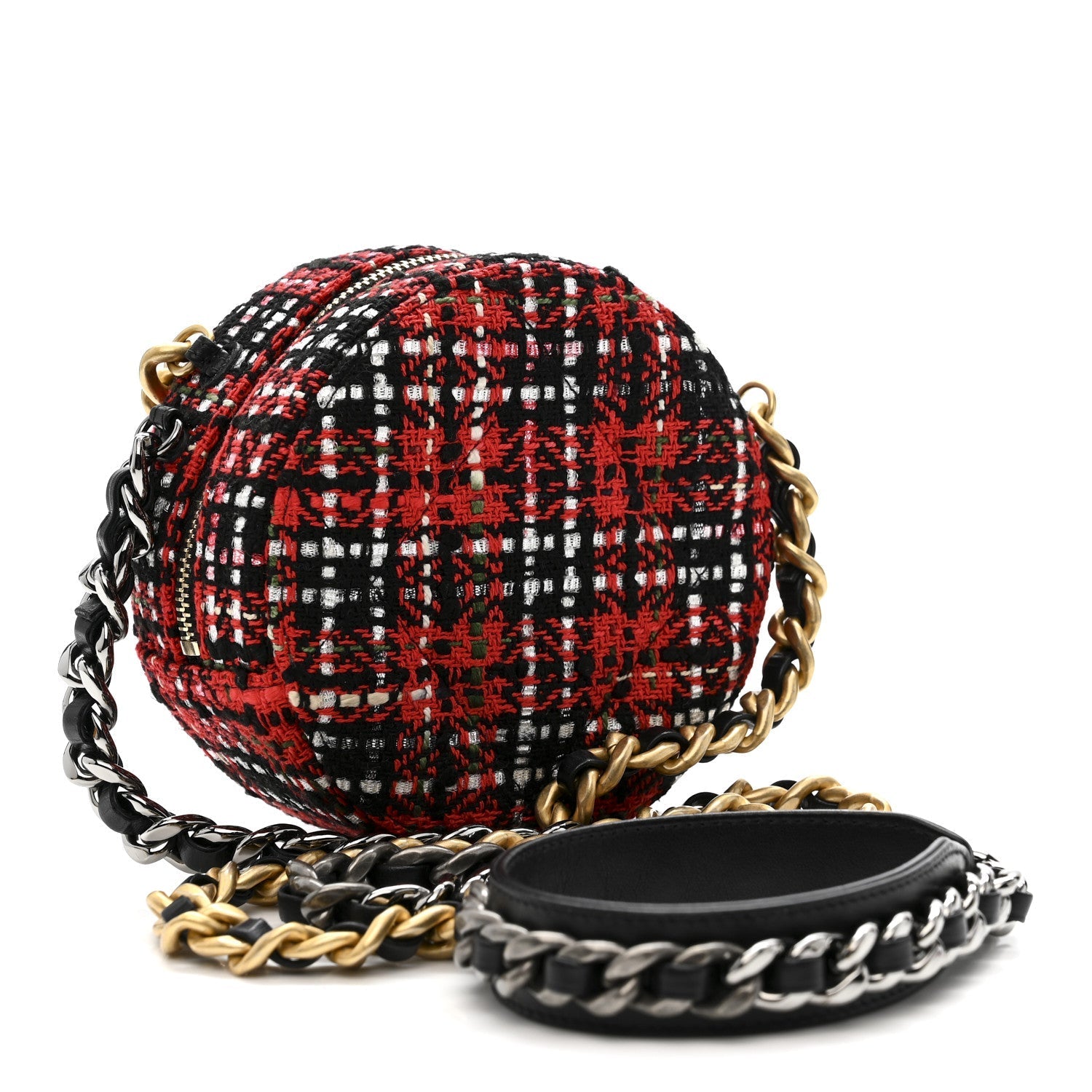Tweed Quilted CHNL 19 Round Clutch With Chain  Red Black White Green