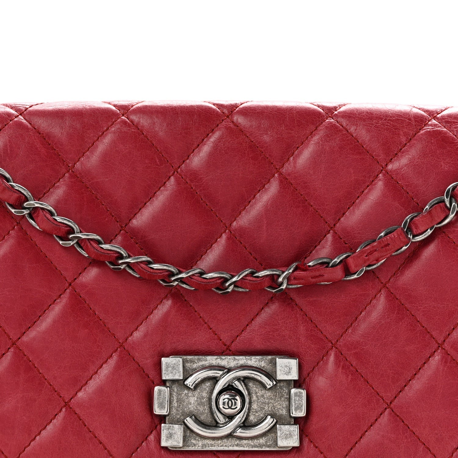 Glazed Calfskin Quilted Soft Boy Flap Red