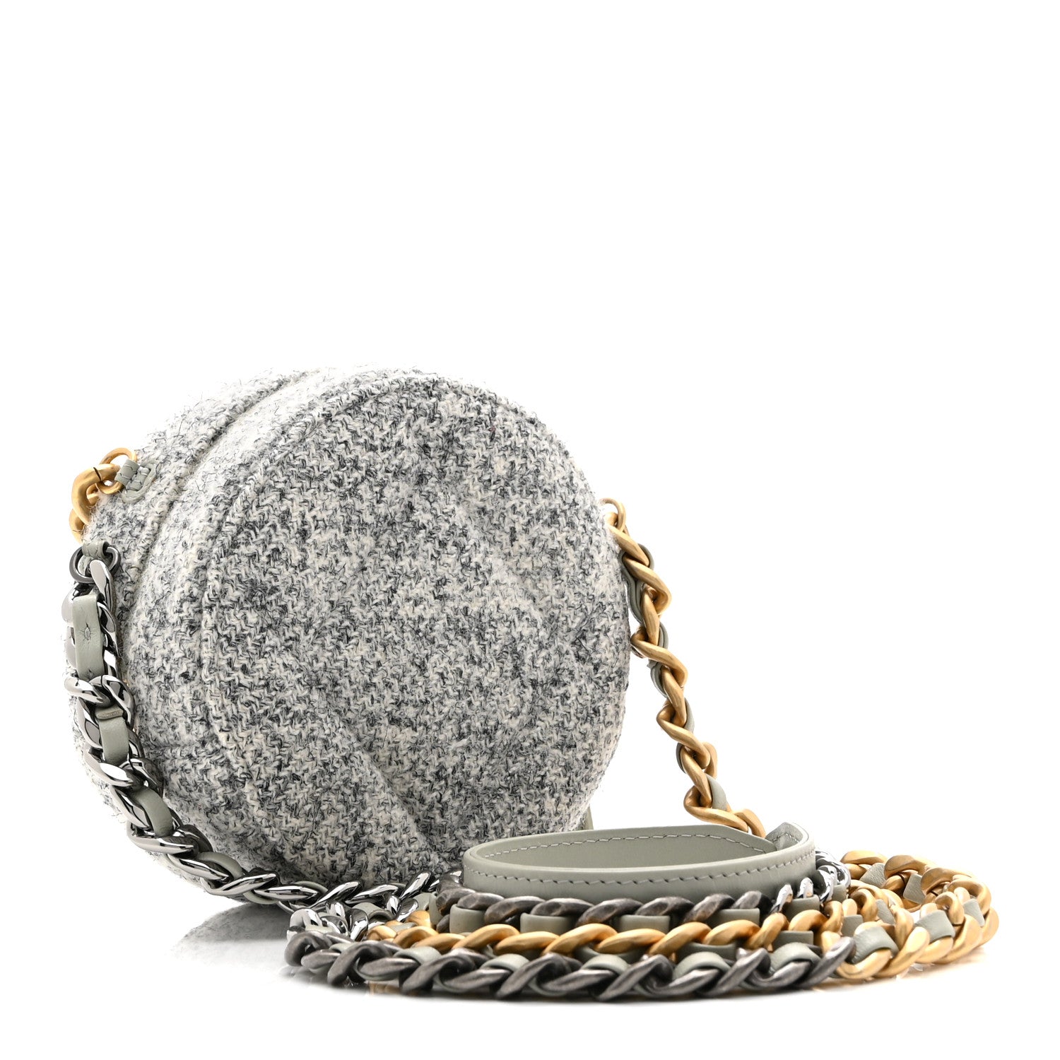 Wool Tweed Lambskin Quilted CHNL 19 Round Clutch With Chain Grey Ecru