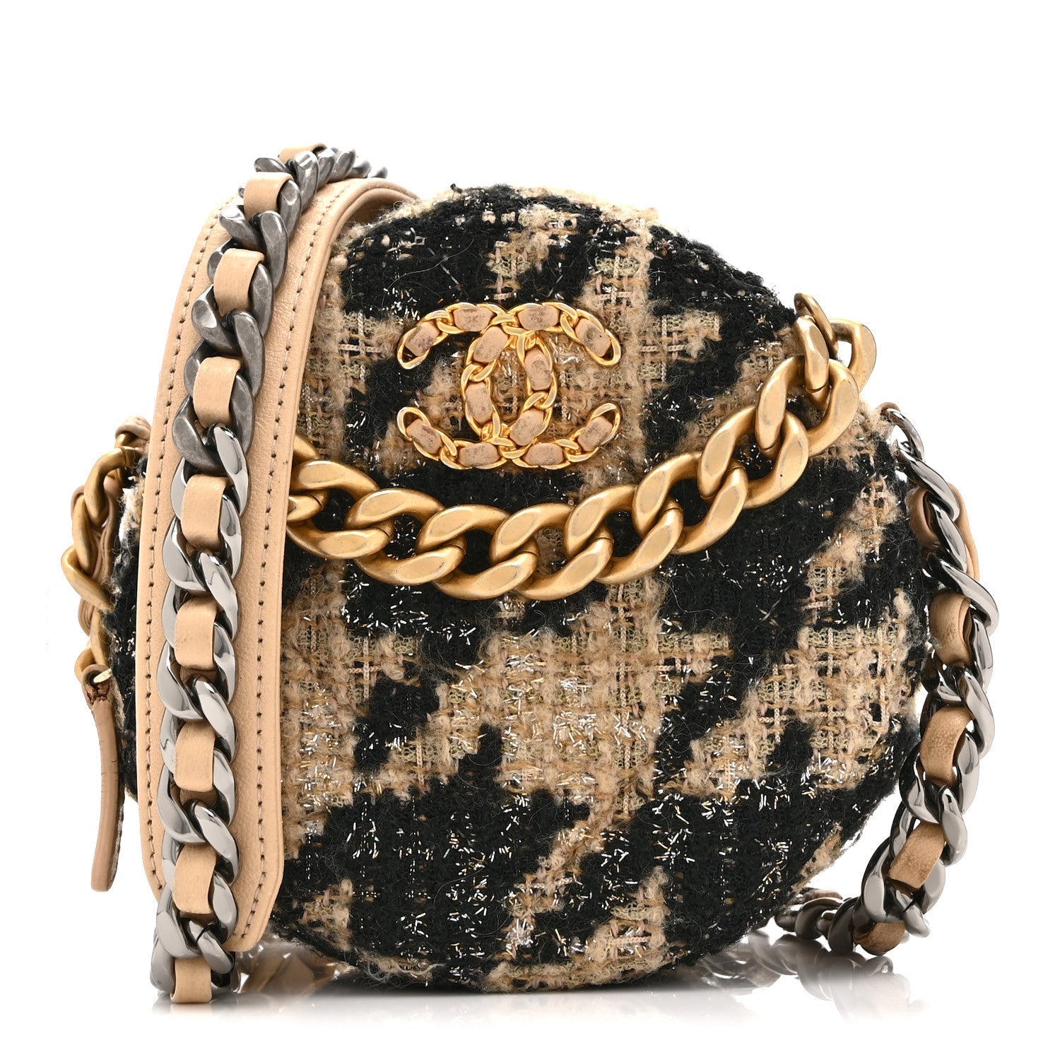 Wool Tweed Lambskin Quilted CHNL 19 Round Clutch With Chain and Coin Purse Beige Black