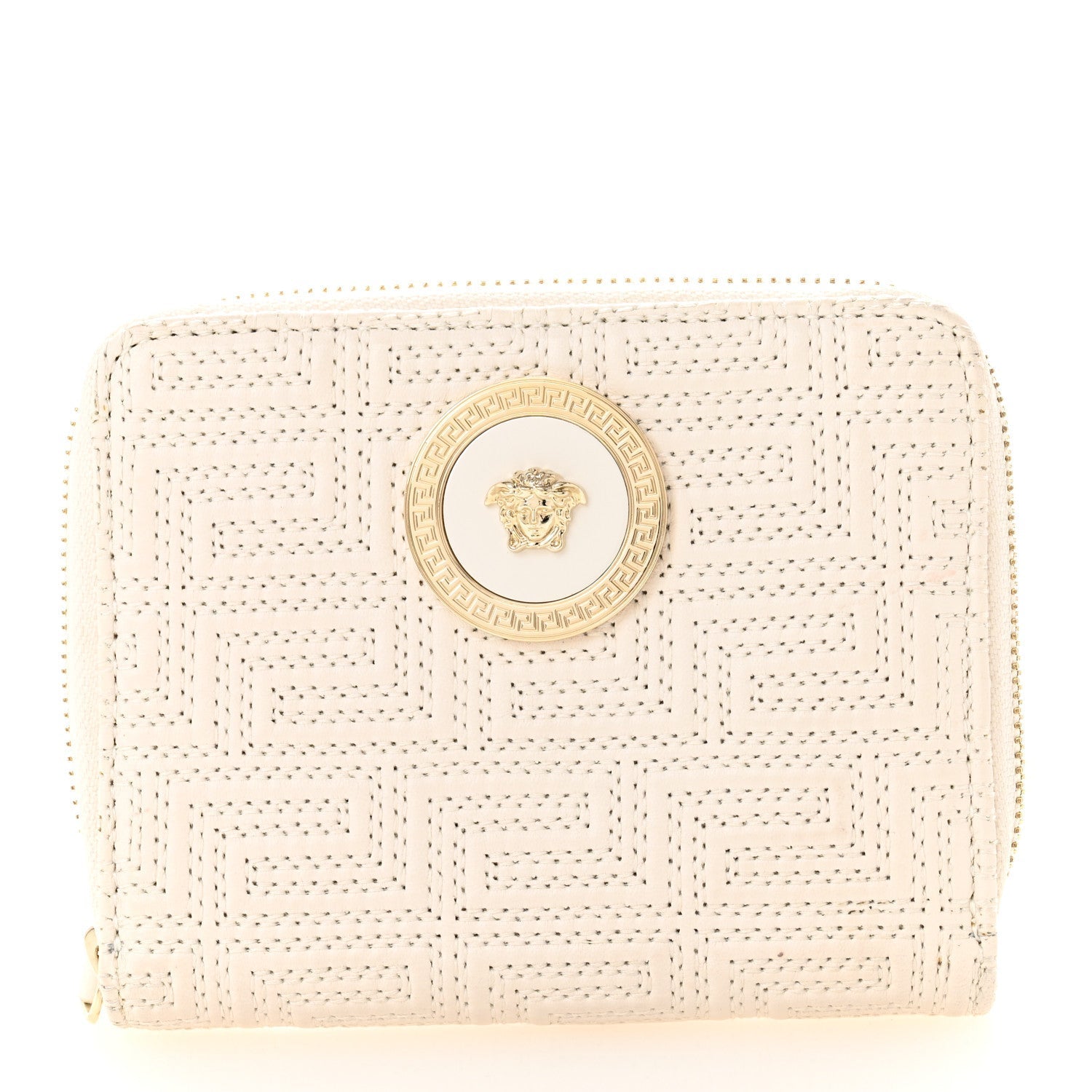 Calfskin Icon Quilted Compact Zip Around Wallet White