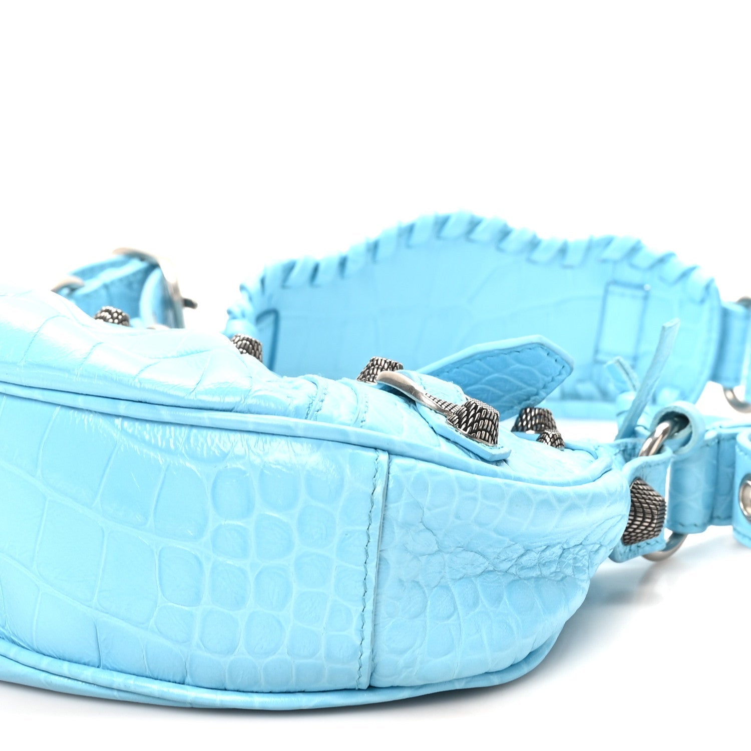 Extra Supple Calfskin Crocodile Embossed Le Cagole Shoulder Bag XS Sky Blue
