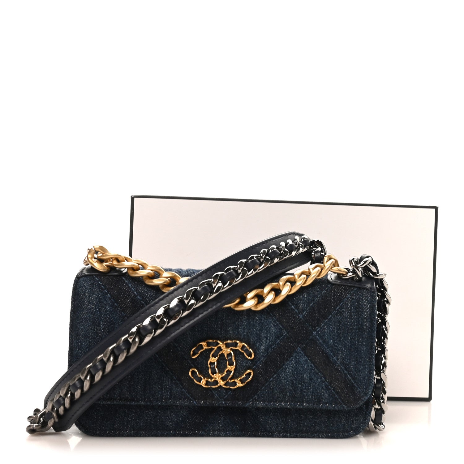 Denim Quilted CHNL 19 Flap Phone Holder With Chain Blue