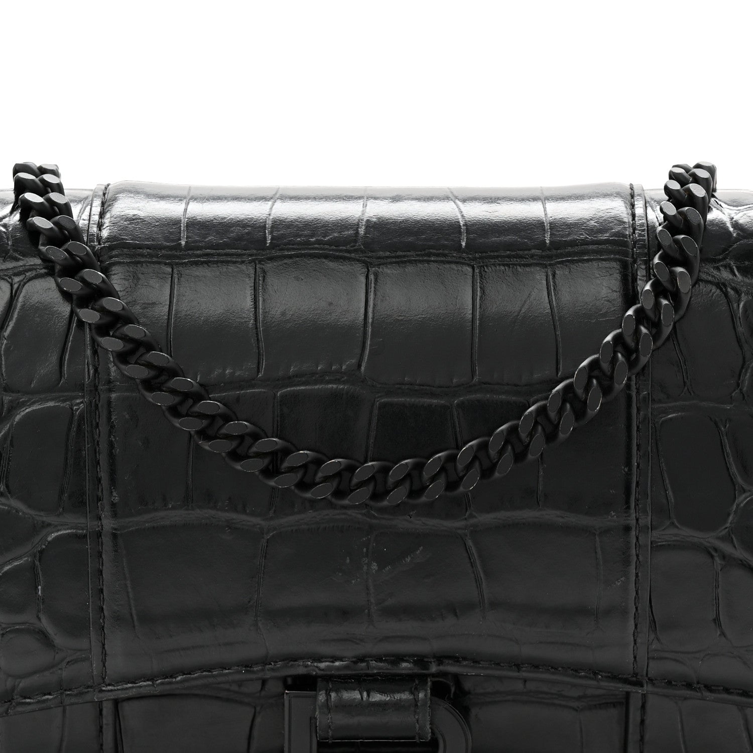 Shiny Calfskin Monochrome Crocodile Embossed Hourglass Chain Bag Black