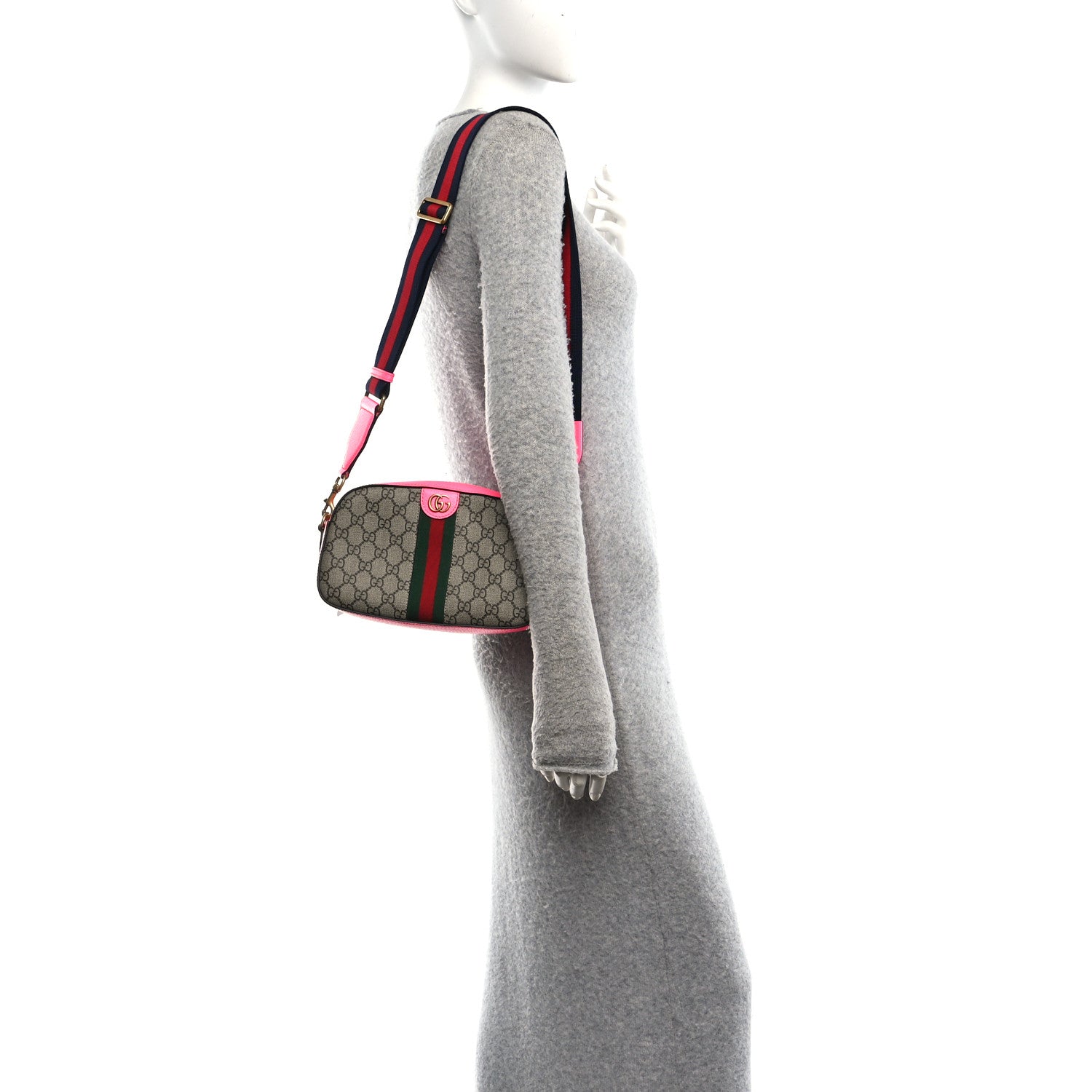 GG Supreme Monogram Textured Dollar Calfskin Web Ophidia Small Crossbody Bag Beige Ebony Fuchsia