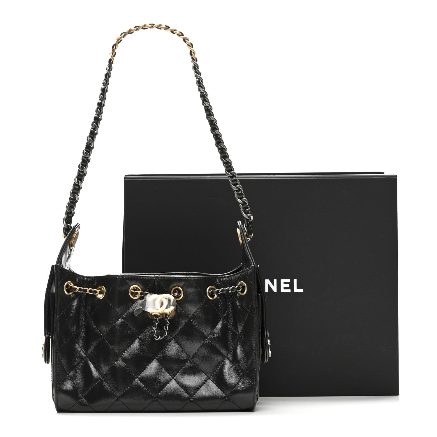 Shiny Crumpled Quilted Mini CHNL 25 Handbag Black
