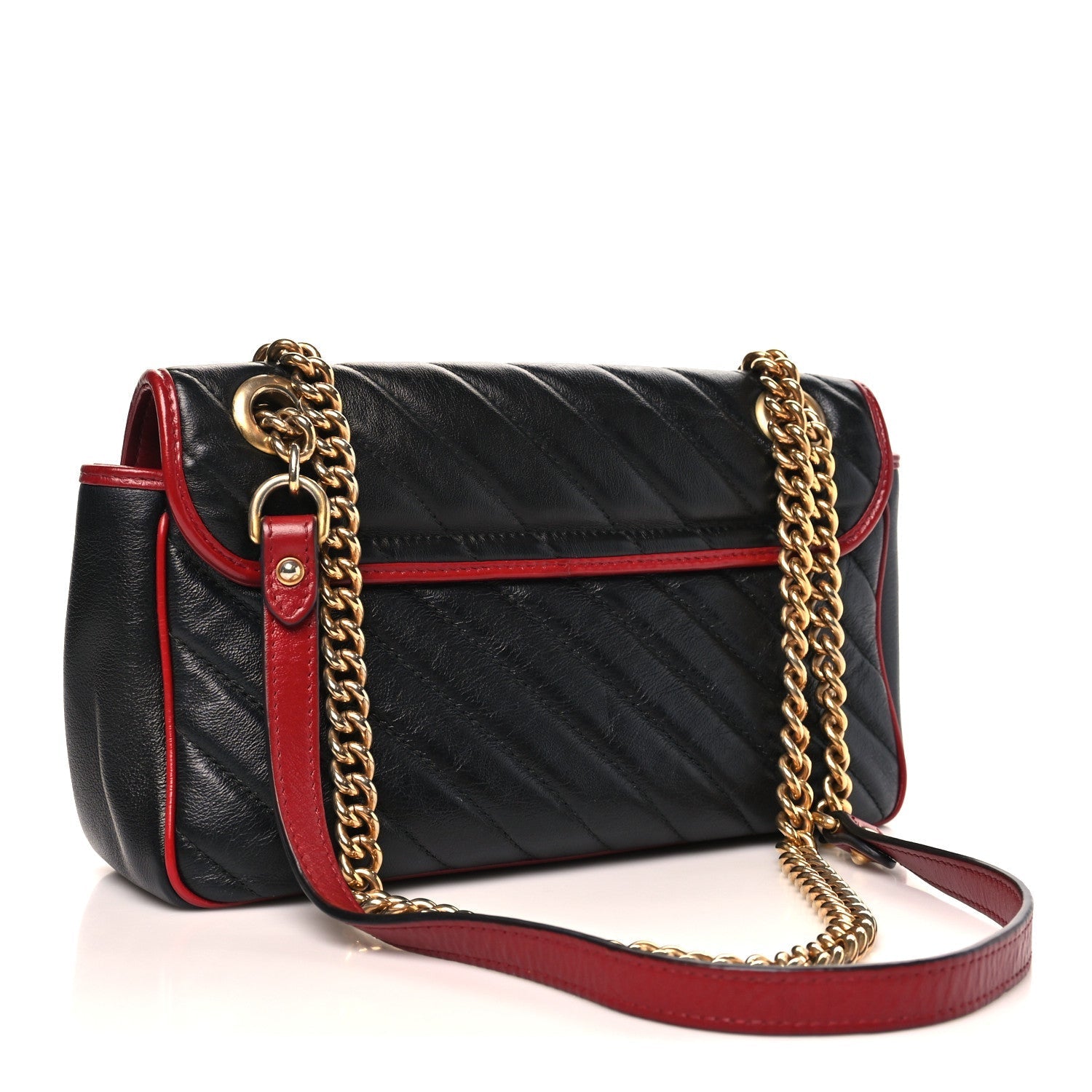Vintage Effect Calfskin Matelasse Diagonal Small Torchon GG Marmont Shoulder Bag Black Romantic Cherry