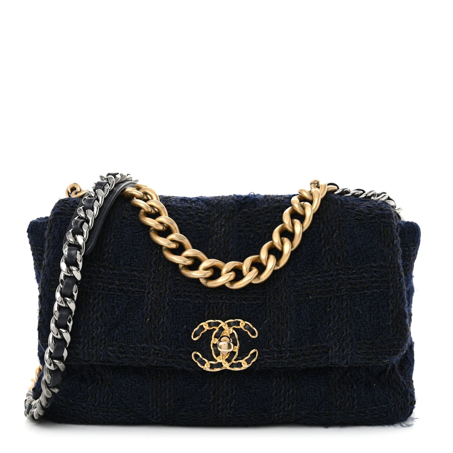 Tweed Quilted Large CHNL 19 Flap Navy Blue