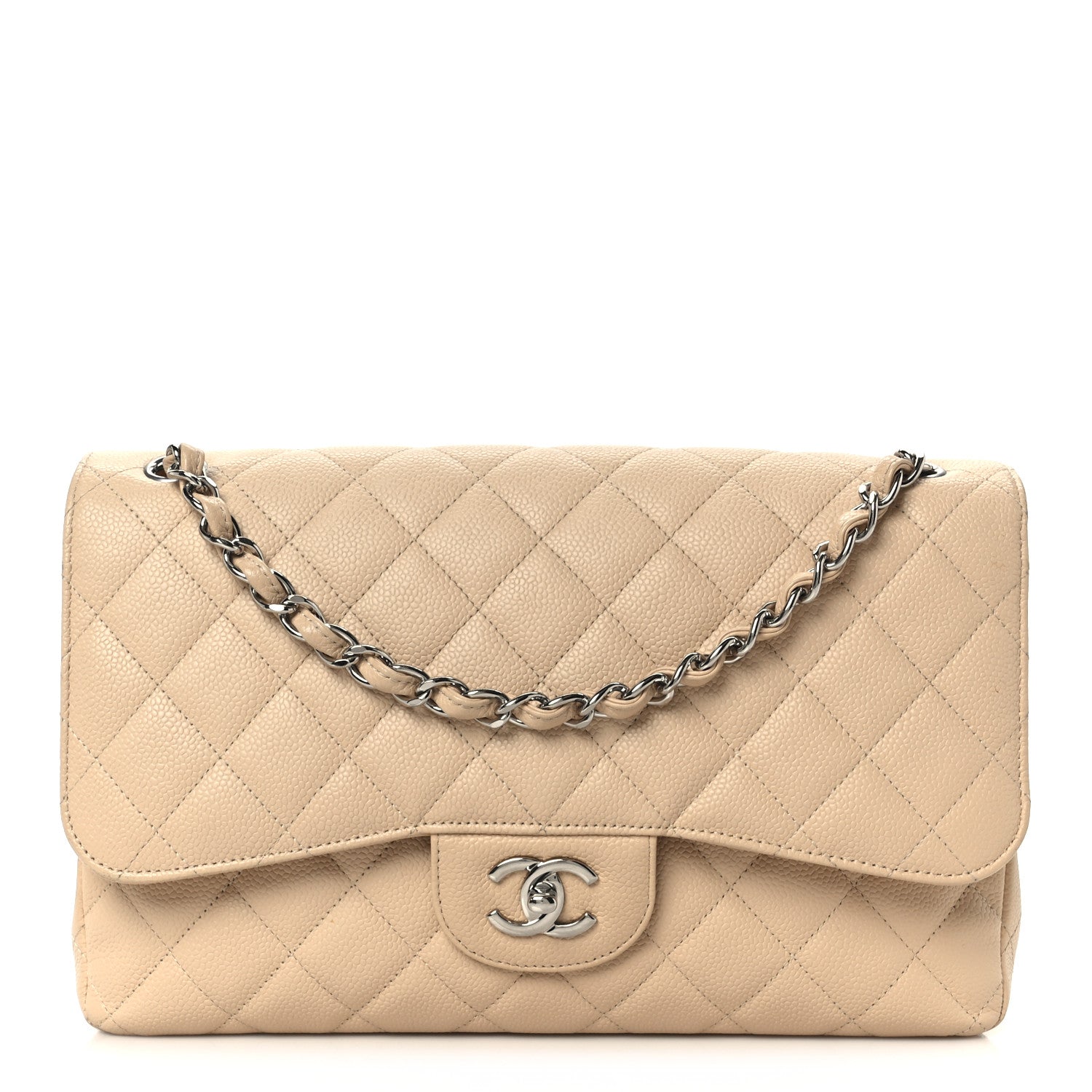 Caviar Quilted Jumbo Double Flap Beige