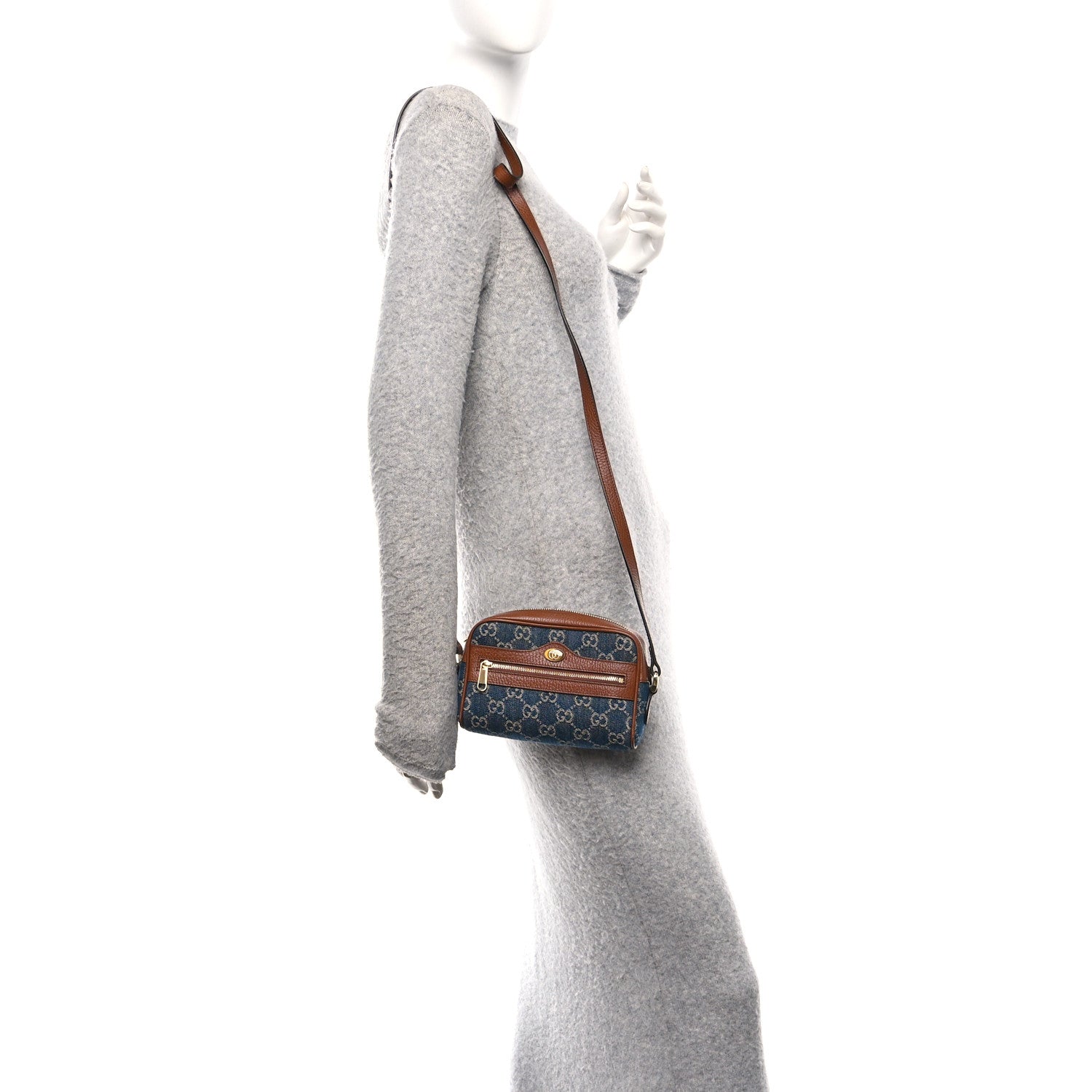 New Denim GG Monogram Dollar Calfskin Mini Ophidia Shoulder Bag Blue Tea Cuir Epilog
