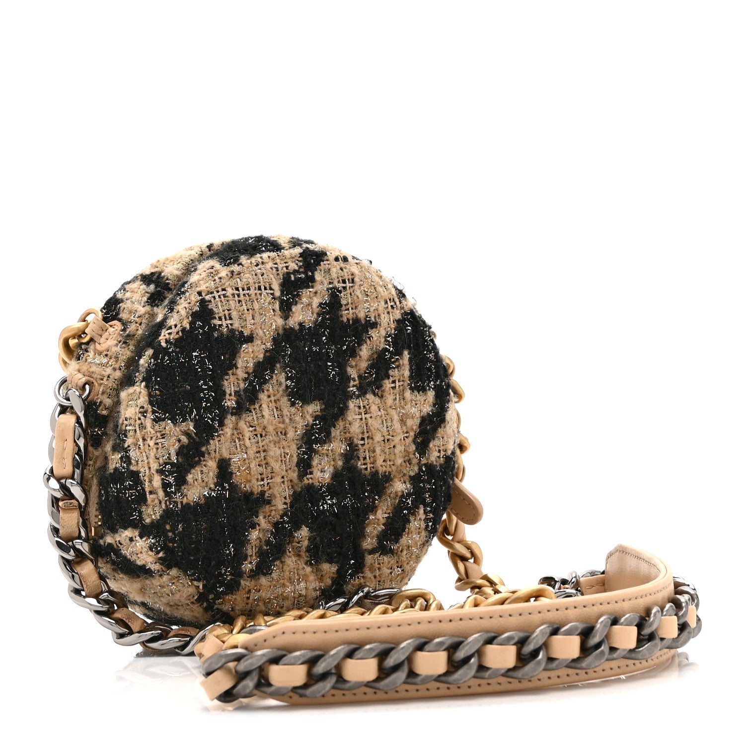 Wool Tweed Lambskin Quilted CHNL 19 Round Clutch With Chain and Coin Purse Beige Black