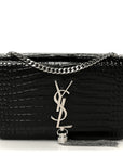 Calfskin Crocodile Embossed Small Classic Monogram Kate Tassel Satchel Black