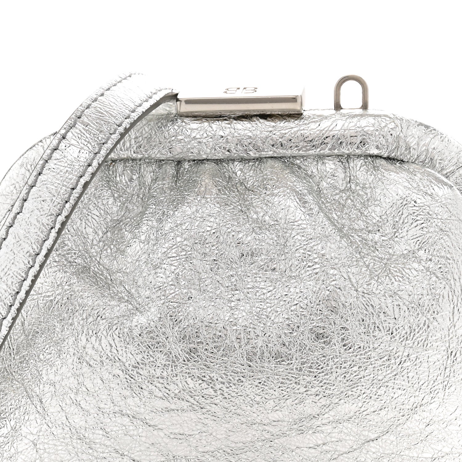 Metallic Textured Calfskin Logo Cloud Coin Purse With Strap Silver
