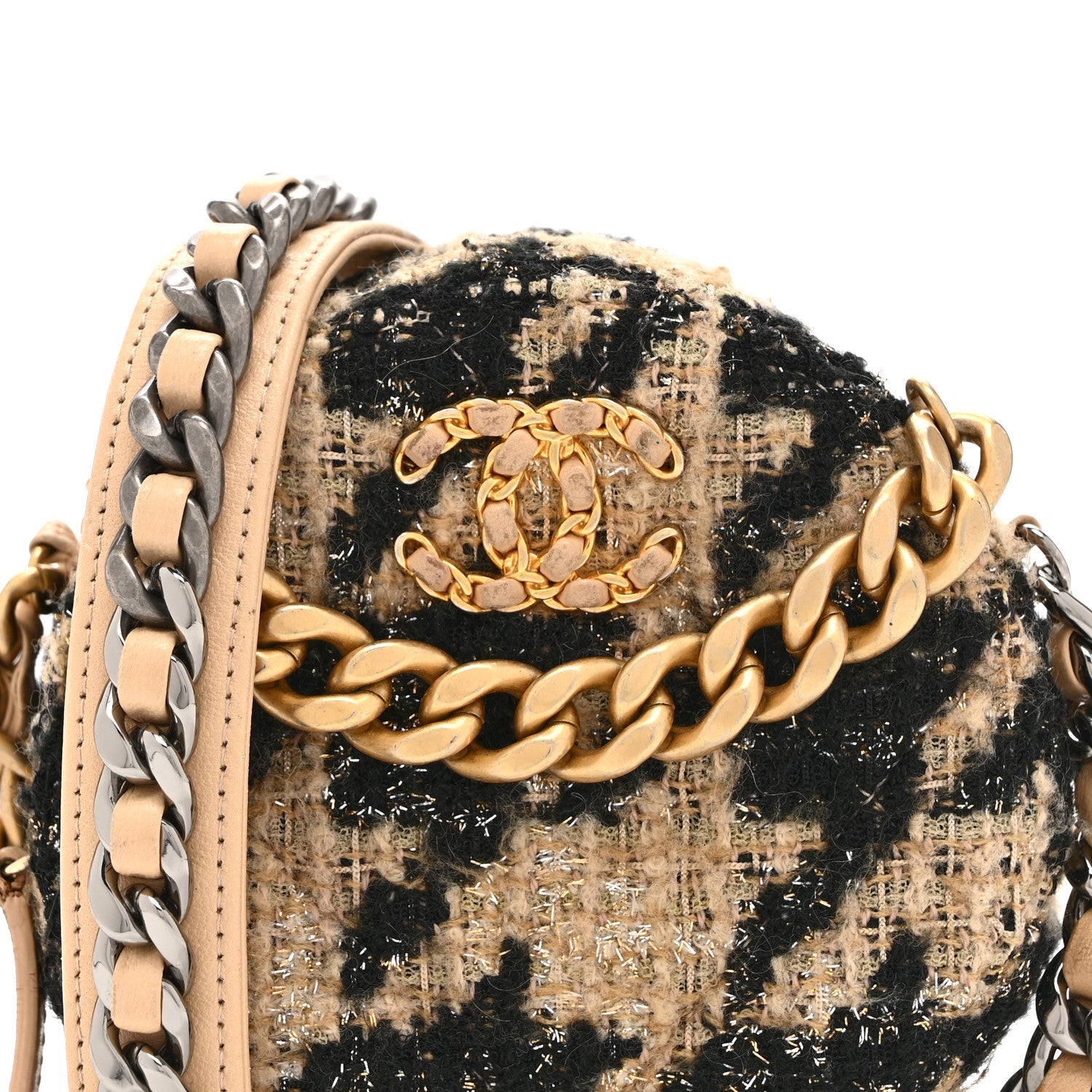 Wool Tweed Lambskin Quilted CHNL 19 Round Clutch With Chain and Coin Purse Beige Black