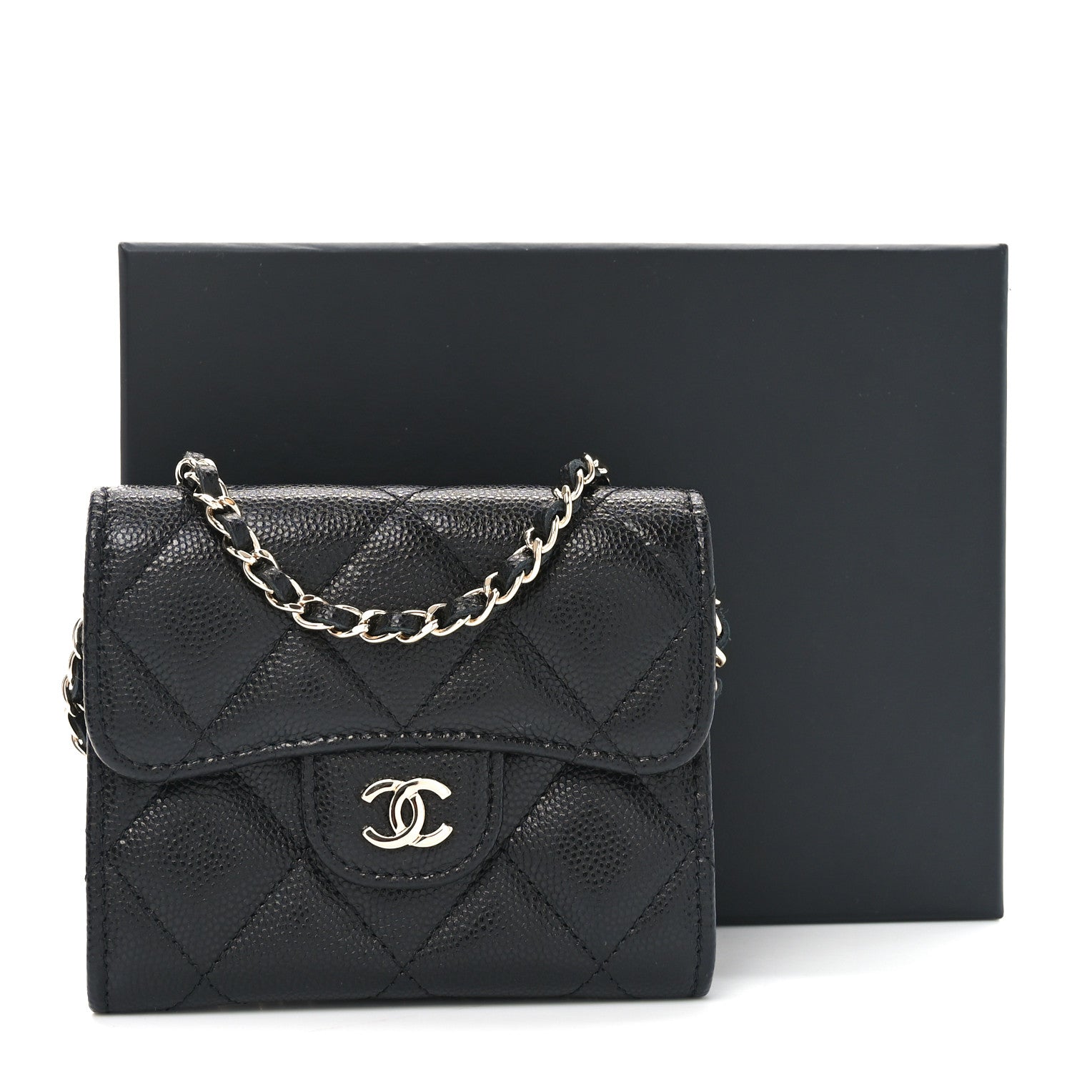 Caviar Quilted Flap Card Holder On Chain Black