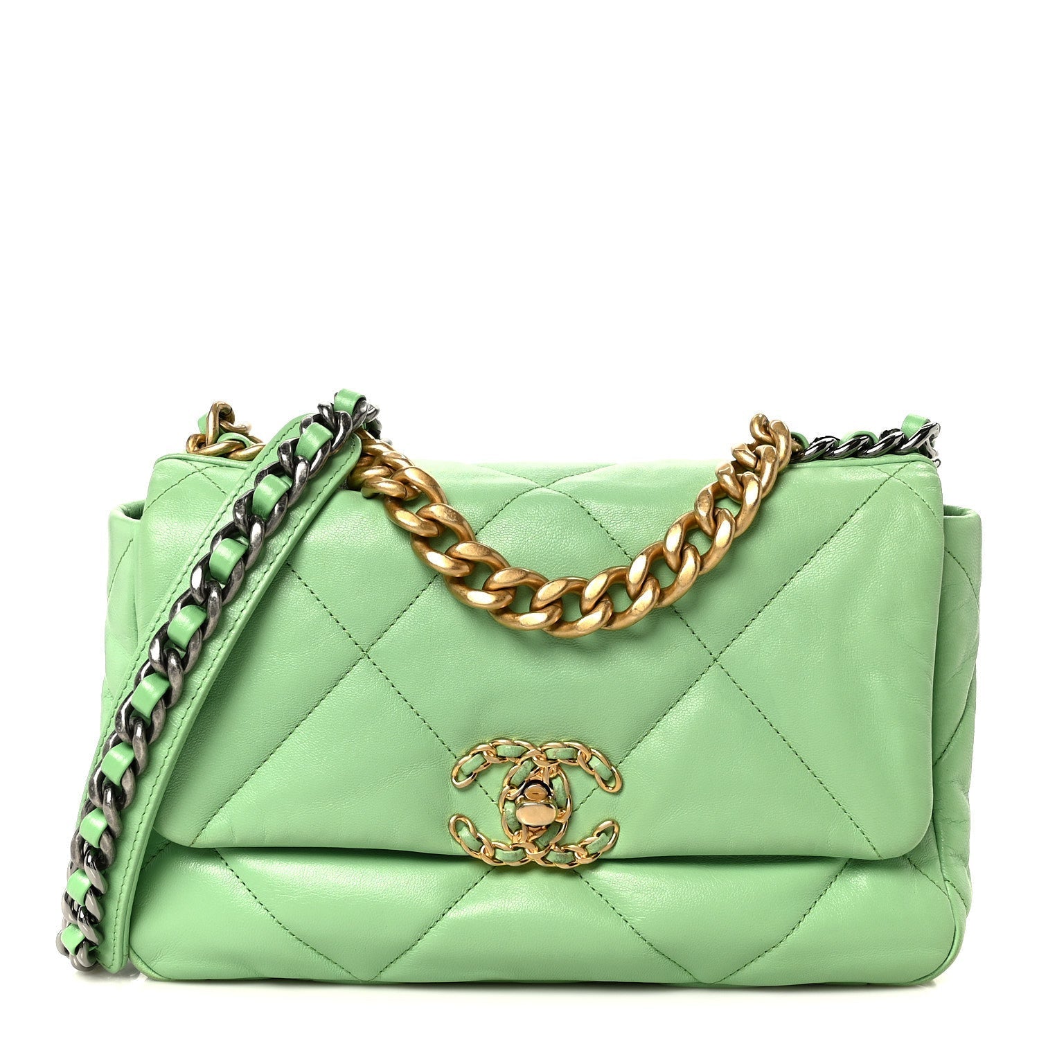Goatskin Quilted Medium CHNL 19 Flap Light Green