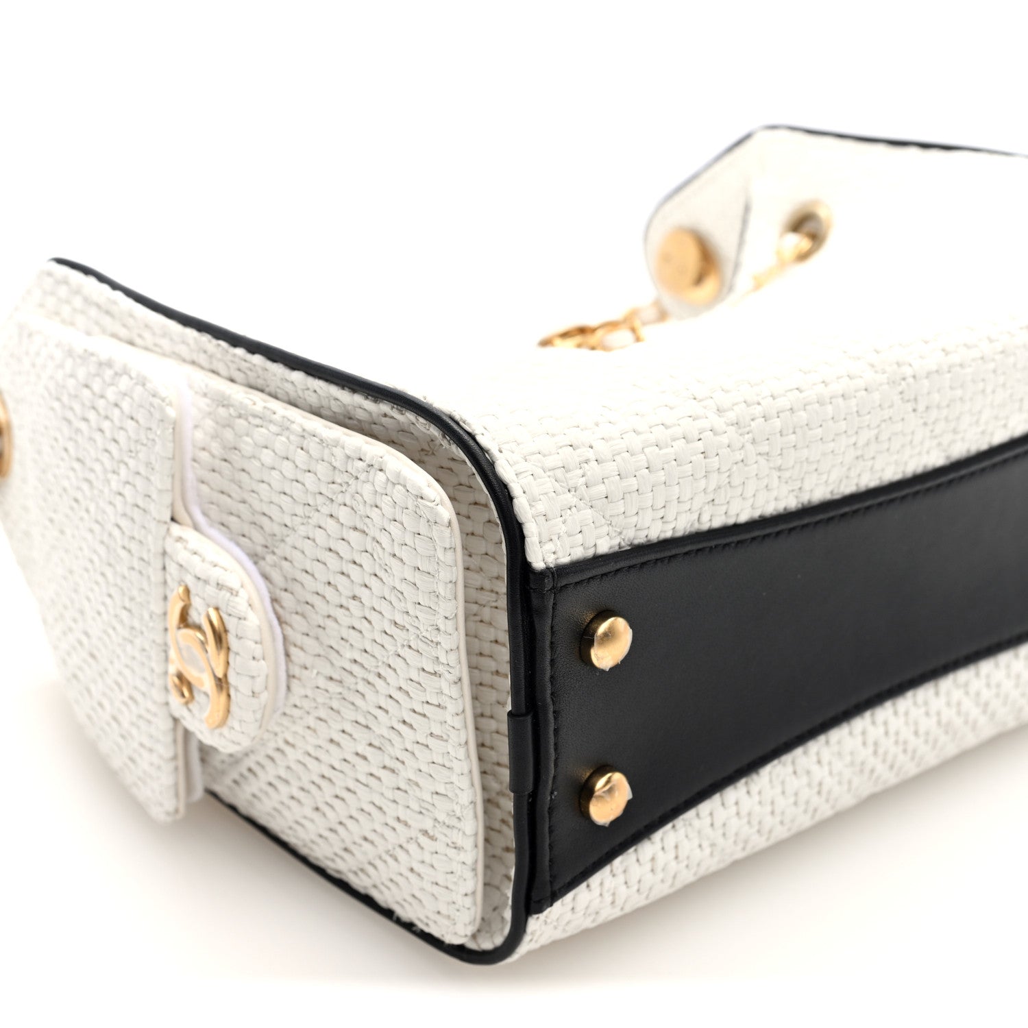 Braided Raffia Calfskin Mini CHNL 25 Handbag White Black